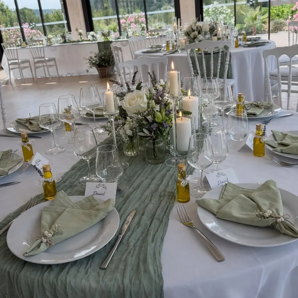 Table de mariage vert sauge avec bougies et fleurs
