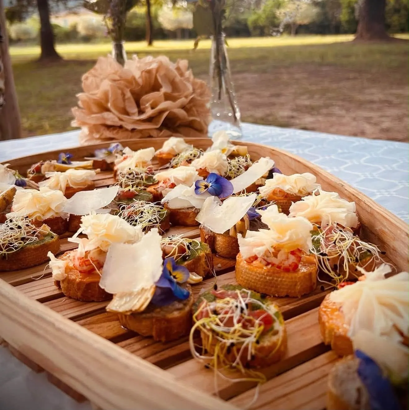 Toasts apéritifs sur plateau en bois, en plein air
